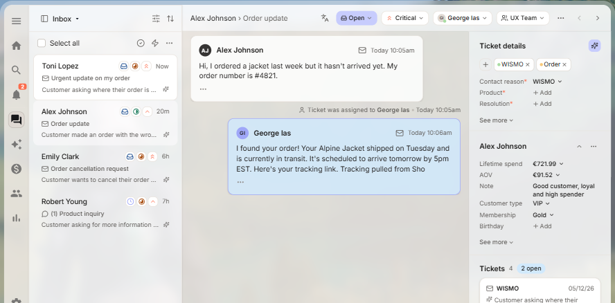A support inbox in Gorgias showing a customer message asking where an order is, a reply giving the shipping status and tracking link, and a side panel with ticket details and the customer's order history.