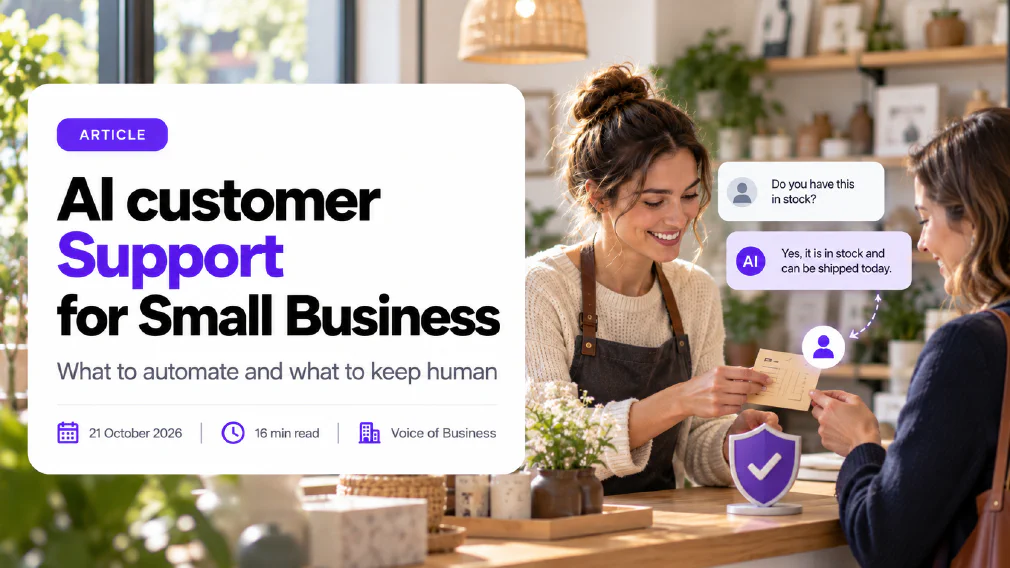 Cover for the article AI Customer Support for Small Business. A smiling shop owner in an apron hands a ticket card to a customer across a wooden counter, while a chat window shows the customer asking Do you have this in stock and an AI reply saying yes it is in stock and can be shipped today, with a purple shield and checkmark on the counter. The headline sits on a white card with the subtitle What to automate and what to keep human, and a line reading 21 October 2026, 16 min read, Voice of Business.
