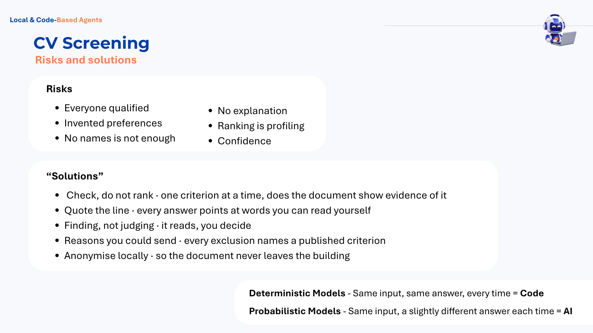 A training slide titled "CV Screening: Risks and solutions", listing the risks of AI-assisted screening (everyone qualified, invented preferences, no names is not enough, no explanation, ranking is profiling, confidence) against five practical fixes (check don't rank, quote the line, finding not judging, name a published criterion for every exclusion, anonymise locally)