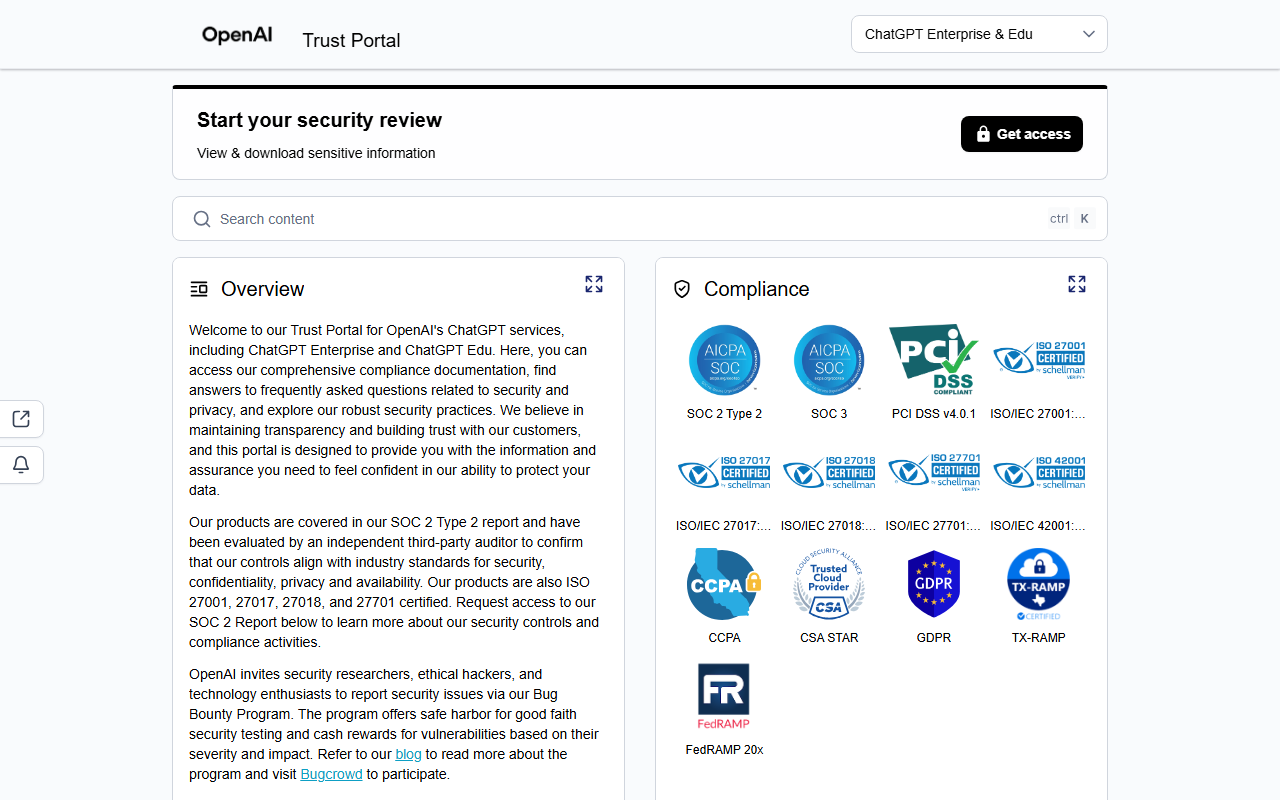 OpenAI's trust portal for ChatGPT Enterprise and Edu, showing compliance badges including SOC 2 Type 2, SOC 3, ISO/IEC 27001, 27017, 27018, 27701 and 42001