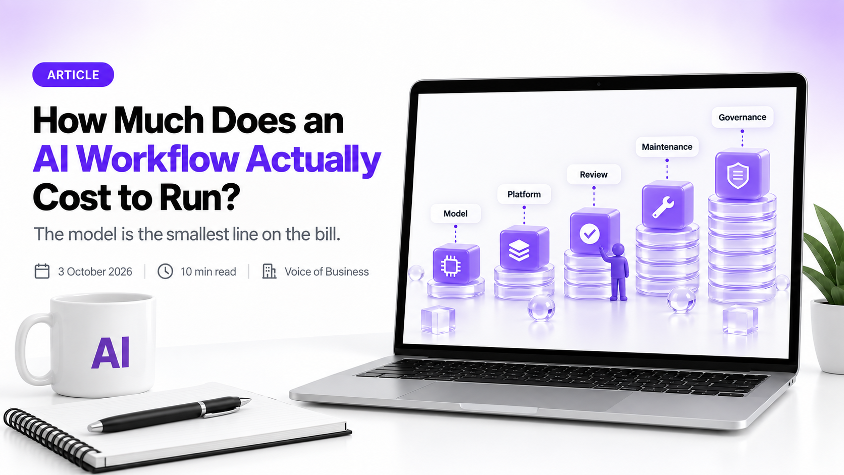 Cover for the article How much does an AI workflow actually cost to run? A laptop on a desk shows five glowing purple blocks labelled Model, Platform, Review, Maintenance and Governance, each on a stack of glass discs, rising from the shortest stack under Model to the tallest under Governance, with a small purple figure beside the Review block.