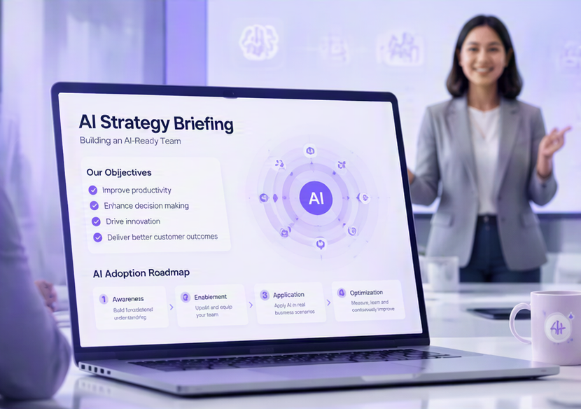 A laptop displaying an AI strategy briefing slide with an adoption roadmap, a presenter addressing colleagues in a meeting room behind it