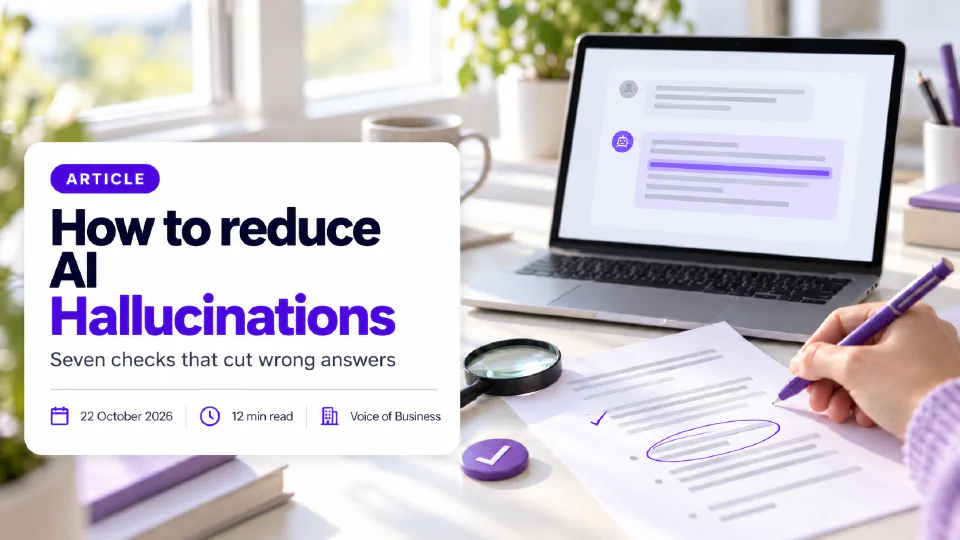 Cover for the article How to reduce AI Hallucinations. A laptop on a bright desk shows an AI chat window with one line of the reply highlighted in purple, beside a printed copy of the answer being checked with a purple pen, a magnifying glass and a checkmark badge. The headline sits on a white card with the subtitle Seven checks that cut wrong answers, and a line reading 22 October 2026, 12 min read, Voice of Business.