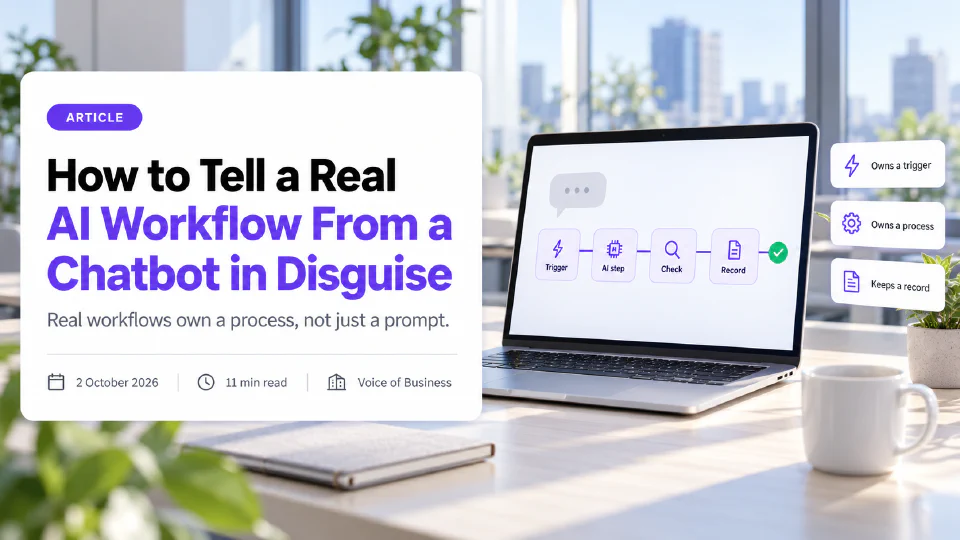 Cover for the article How to Tell a Real AI Workflow From a Chatbot in Disguise. A laptop in a bright office shows a grey speech bubble above a connected row of four steps labelled Trigger, AI step, Check and Record, ending in a green tick.