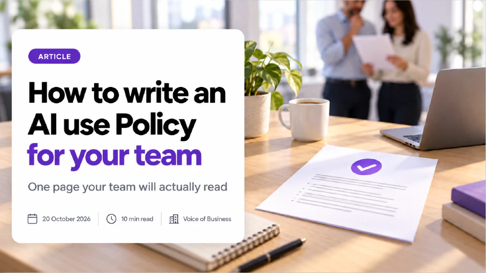 Cover for the article How to write an AI Use Policy for your team. A one-page policy document with a purple checkmark sits on a bright office desk next to a laptop. The headline sits on a white card with the subtitle One page your team will actually read, and a line reading 20 October 2026, 10 min read, Voice of Business.