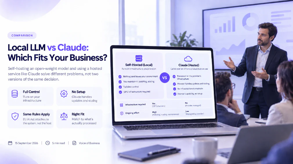 A laptop comparing Local LLM and Claude feature by feature, self-hosted versus hosted