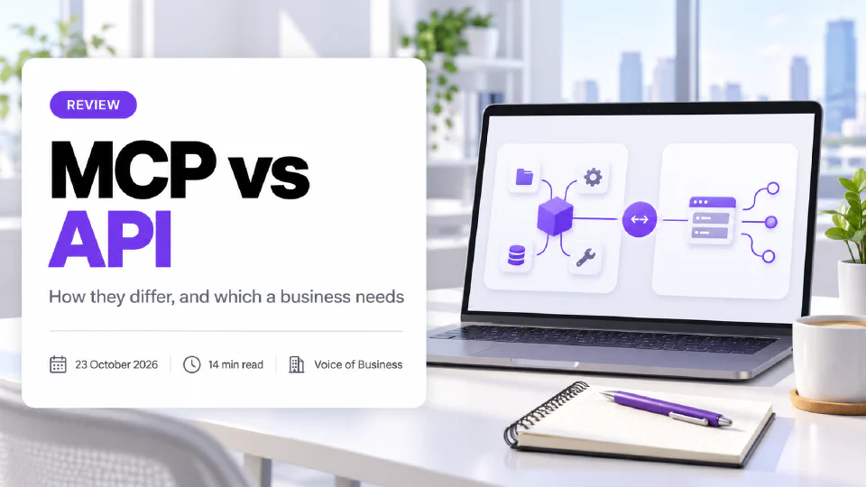 Cover for the review MCP vs API. A laptop on a bright office desk shows a diagram with a central cube linked to a folder, a gear, a database and a wrench on one side, and a window with three branching connections on the other, joined by a two-way arrow, beside a notepad with a purple pen and a coffee cup. The headline sits on a white card with the subtitle How they differ, and which a business needs, and a line reading 23 October 2026, 14 min read, Voice of Business.