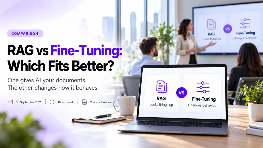 RAG vs Fine-Tuning: Which Fits Better? A comparison slide on a laptop and a wall screen in a meeting room, with a document-stack icon labelled RAG, Looks things up, and a sliders icon labelled Fine-Tuning, Changes behaviour, either side of a VS badge, while a presenter talks to two colleagues.