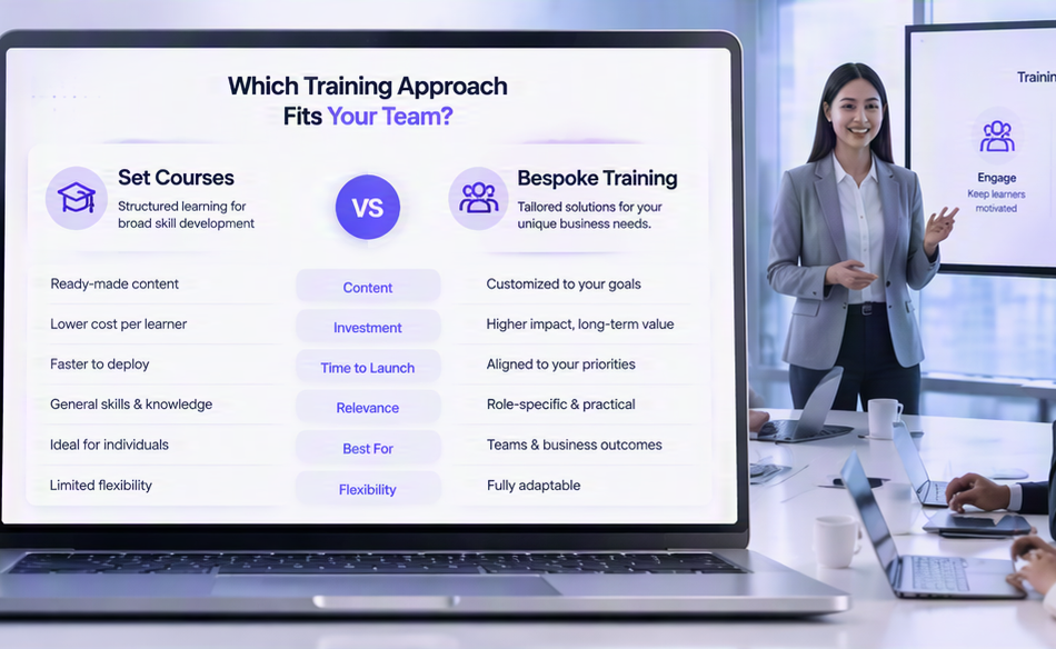 A laptop screen comparing core AI courses and bespoke training feature by feature, with a trainer presenting to colleagues in a meeting room