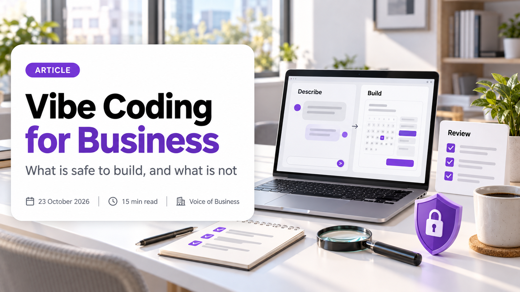 Cover for the article Vibe Coding for Business. A laptop on a bright office desk shows a plain-language request in a Describe panel beside a simple booking page in a Build panel, with a Review checklist card, a notepad with ticks, a magnifying glass and a purple shield with a padlock beside it. The headline sits on a white card with the subtitle What is safe to build, and what is not, and a line reading 23 October 2026, 15 min read, Voice of Business.