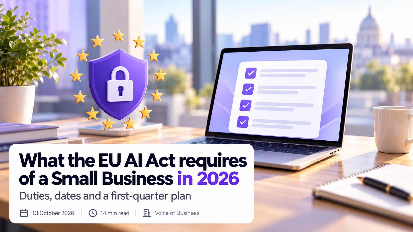 Cover for the article What the EU AI Act requires of a Small Business in 2026. A laptop on a sunlit office desk shows a checklist with four ticked rows, with a purple shield and padlock ringed by twelve gold stars beside it, a plant, a mug and a notebook with a pen nearby, and a city skyline through the window. The headline sits on a white card with the subtitle Duties, dates and a first-quarter plan, and a line reading 13 October 2026, 14 min read, Voice of Business.