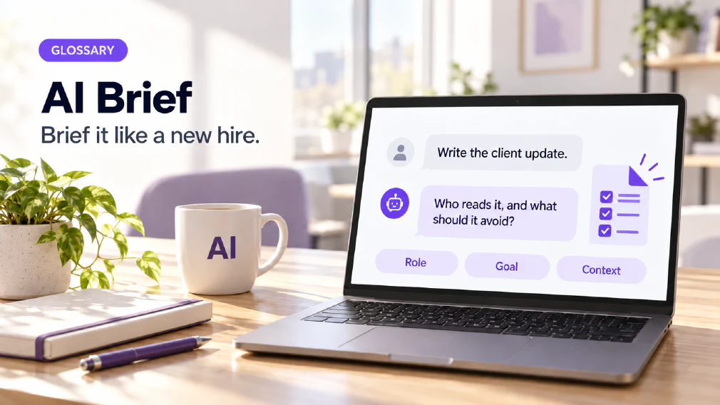 A laptop on a sunlit wooden office desk showing a chat interface where the request "Write the client update." is answered with "Who reads it, and what should it avoid?" beside a violet document-with-checklist icon and three violet chips reading Role, Goal and Context, next to a mug printed with AI, a plant, a notebook and a pen, under a GLOSSARY badge, the heading AI Brief and the subtitle Brief it like a new hire.