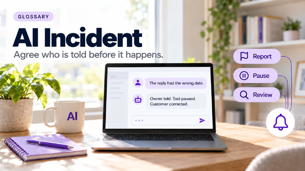 A laptop on a sunlit wooden office desk showing a chat interface where the message "The reply had the wrong date." is answered with "Owner told. Tool paused. Customer corrected." beside three violet chips reading Report, Pause and Review joined to a round badge with a bell icon, next to a mug printed with AI, a plant, a notebook and a pen, under a GLOSSARY badge, the heading AI Incident and the subtitle Agree who is told before it happens.