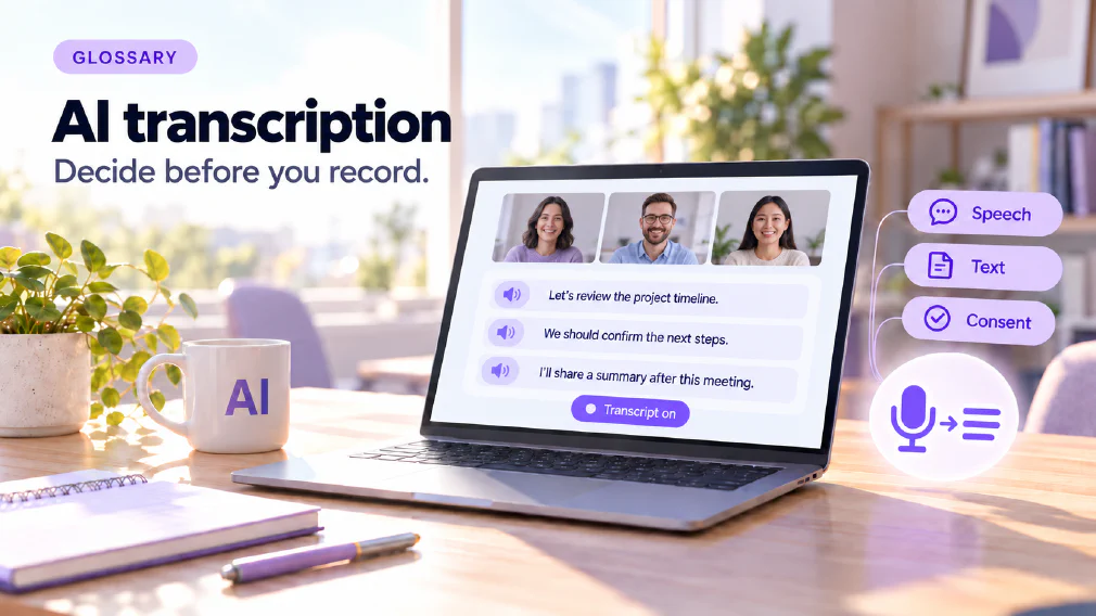 A laptop on a sunlit wooden office desk showing a video meeting with three smiling colleagues above three lines of transcript text and a Transcript on button, beside a violet microphone-to-text icon and three violet chips reading Speech, Text and Consent, next to a mug printed with AI, a plant, a notebook and a pen, under a GLOSSARY badge, the heading AI transcription and the subtitle Decide before you record.