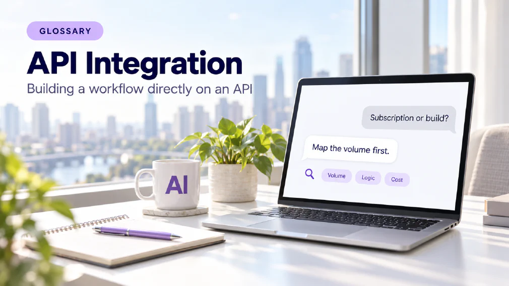 A laptop on a sunlit white office desk showing a chat interface where the question "Subscription or build?" is answered with "Map the volume first." above three violet chips reading Volume, Logic and Cost beside a violet magnifying glass icon, next to a mug printed with AI, a plant, a notebook and a pen, under a GLOSSARY badge, the heading API Integration and the subtitle Building a workflow directly on an API.