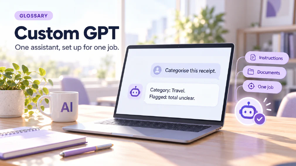 A laptop on a sunlit wooden office desk showing a chat interface where the request "Categorise this receipt." is answered with "Category: Travel. Flagged: total unclear." beside a violet assistant badge with a tick and three violet chips reading Instructions, Documents and One job, next to a mug printed with AI, a plant, a notebook and a pen, under a GLOSSARY badge, the heading Custom GPT and the subtitle One assistant, set up for one job.