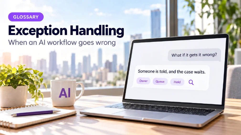 A laptop on a sunlit wooden office desk showing a chat interface where the question "What if it gets it wrong?" is answered with "Someone is told, and the case waits." above three violet chips reading Owner, Queue and Held beside a violet magnifying glass icon, next to a mug printed with AI, a plant, a notebook and a pen, under a GLOSSARY badge, the heading Exception Handling and the subtitle When an AI workflow goes wrong.