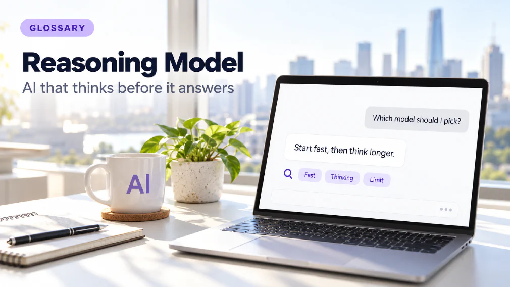 A laptop on a sunlit white office desk showing a chat interface where the question "Which model should I pick?" is answered with "Start fast, then think longer." above three violet chips reading Fast, Thinking and Limit beside a violet magnifying glass icon, next to a mug printed with AI, a plant, a notebook and a pen, under a GLOSSARY badge, the heading Reasoning Model and the subtitle AI that thinks before it answers.
