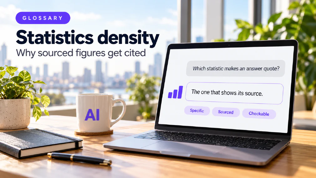 A laptop on a sunlit wooden office desk showing a chat interface where the request "Which statistic makes an answer quote?" is answered with "The one that shows its source." beside a violet bar chart icon and three violet chips reading Specific, Sourced and Checkable, next to a mug printed with AI, a plant, a notebook and a pen, under a GLOSSARY badge, the heading Statistics density and the subtitle Why sourced figures get cited.