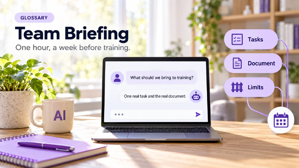 A laptop on a sunlit wooden office desk showing a chat interface where the question "What should we bring to training?" is answered with "One real task and the real document." beside three violet chips reading Tasks, Document and Limits joined to a round badge with a calendar icon, next to a mug printed with AI, a plant, a notebook and a pen, under a GLOSSARY badge, the heading Team Briefing and the subtitle One hour, a week before training.