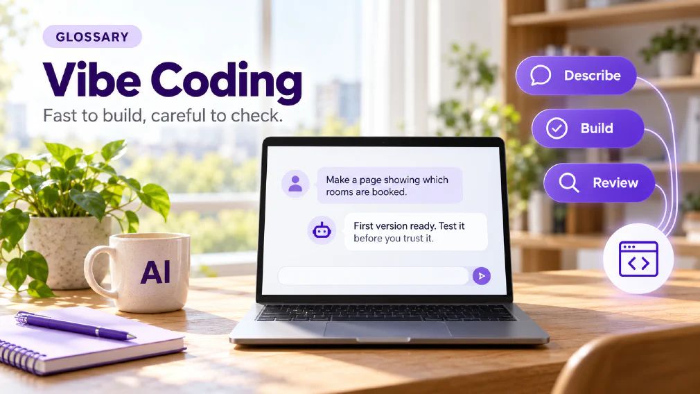 A laptop on a sunlit wooden office desk showing a chat interface where the request "Make a page showing which rooms are booked." is answered with "First version ready. Test it before you trust it." beside three violet chips reading Describe, Build and Review joined to a round badge with a browser-window and code-brackets icon, next to a mug printed with AI, a plant, a notebook and a pen, under a GLOSSARY badge, the heading Vibe Coding and the subtitle Fast to build, careful to check.